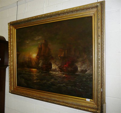 Lot 609 - Two large framed modern oil painting, sailing ships at battle, signed Johnny Gaston