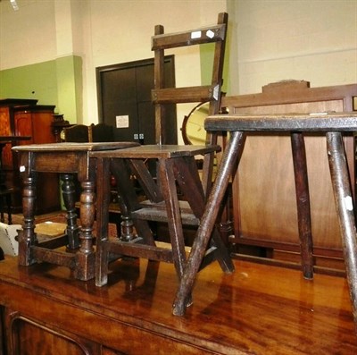 Lot 654 - 19th century three legged joint stool, childs chair and a set of library steps