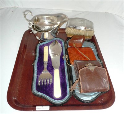 Lot 3 - A cased pair of silver fish servers, two silver plated gravy boats, pair of silver backed...