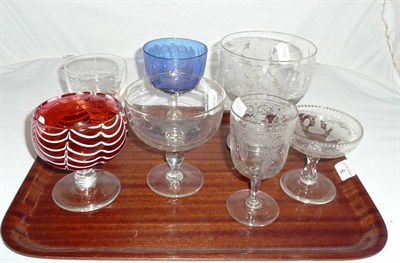 Lot 9 - Etched glass goblet, another, two coloured glass goblets and three further glasses