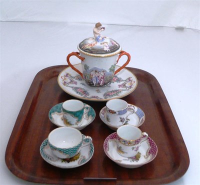 Lot 13 - Four Dresden miniature cups and saucers and a Naples enamel cup and saucer