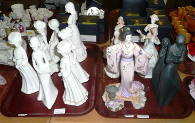 Lot 34 - Two trays including seven Spode ceramics figures, two Wedgwood figures, Coalport figure, two...