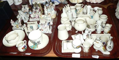 Lot 36 - Two trays including Goss crested china, Victorian fairings and other ceramics