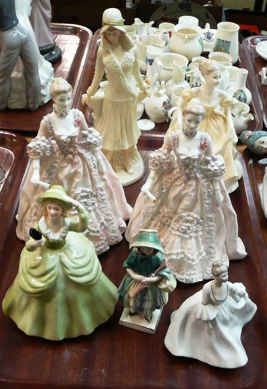Lot 39 - A tray of ceramic figures including four Coalport figures and three other figures
