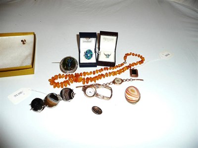 Lot 46 - A hardstone locket, an agate bracelet, an aquamarine ring, watches, Victorian earrings, etc