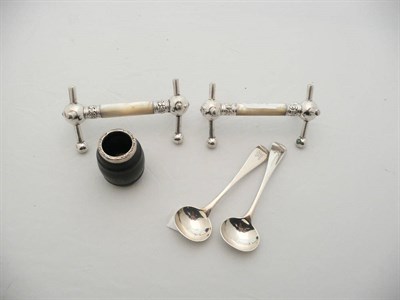 Lot 64 - Silver mounted pottery match striker, pair of silver spoons and pair of knife rests