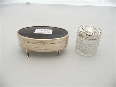 Lot 68 - Silver and tortoiseshell trinket box and a silver mounted cut glass bottle