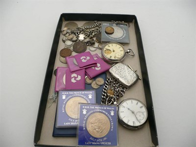 Lot 70 - Two silver pocket watches, silver watch chain and silver vesta and a quantity of coins