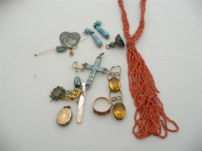 Lot 72 - Gold and coral ring, fringe necklace and a silver and paste cross, etc