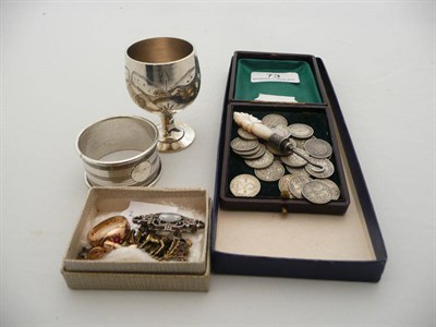Lot 73 - Small quantity of jewellery, coins and a silver napkin ring