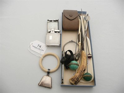 Lot 74 - Silver baby's rattle, Dunhill lighter, hatpins, etc