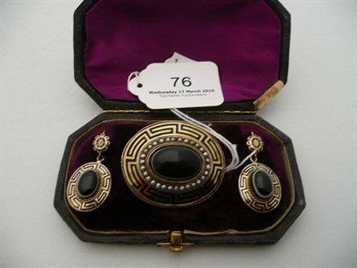 Lot 76 - An agate and black enamel Greek key design brooch and drop earring set, cased