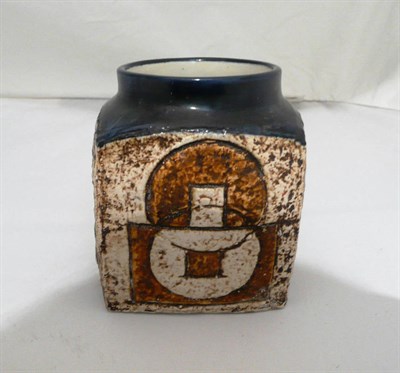 Lot 104 - A Troika "Marmalade" jar decorated by Jane Fitzgerald, black painted mark "Troika", 9.5cm