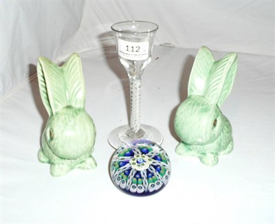 Lot 112 - Georgian opaque twist wine glass, paperweight and two Sylvac rabbits