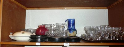 Lot 113 - Three Victorian pot lids, Royal Doulton Bunnykins baby warmer, Webb cut glass, etc on two shelves