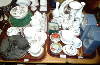 Lot 149 - Two trays of ceramics including two ceramic clocks , Wedgwood, Aynsleyware, etc