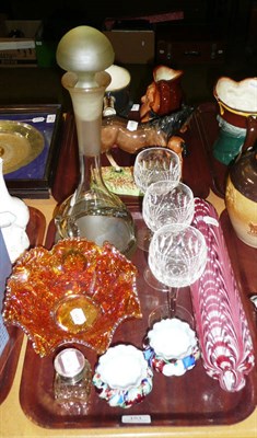 Lot 151 - Tray of glassware, including a Victorian rolling pin, Art glass decanter etc