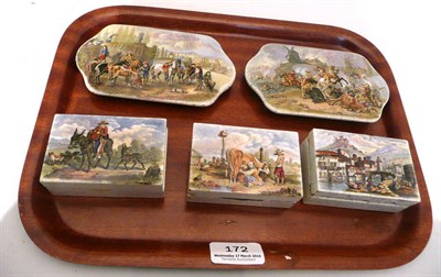 Lot 172 - Three oblong pot lids "Milking The Cow", "The Donkey's Foal" and "Tyrolese Village Scene" and...