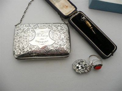 Lot 192 - Silver purse/card case, diamond set pin, paste brooch, paste clip and a sterling silver ring