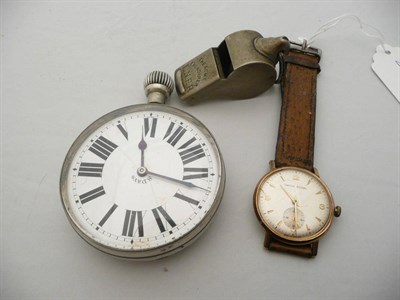 Lot 213 - Eight day engine driver's watch, LNER whistle and a gold plated Smith's watch engraved "W....