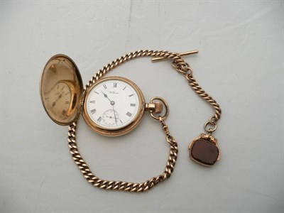 Lot 214 - A gold plated pocket watch and a 9 carat gold chain, Chester hallmark, 58g approx.