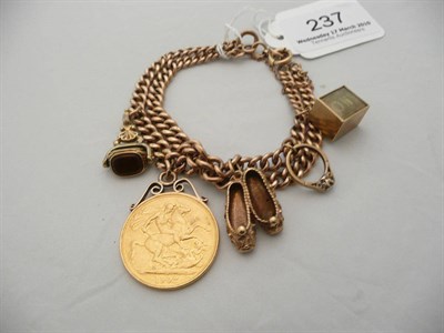 Lot 237 - A two row curb bracelet hung with four charms and a (soldered) 1902 £2.00 coin