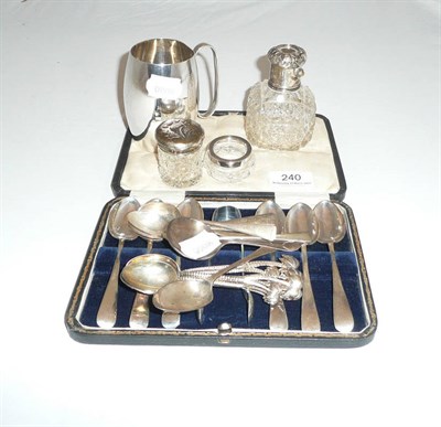 Lot 240 - Cased silver teaspoons, silver mug, silver teaspoons, silver caddy spoon, etc