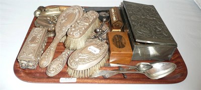 Lot 249 - A tray of silver and plate, including embossed pewter box, silver dressing table set (a/f),...