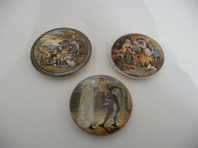 Lot 268 - Three pot lids "Hamlet and his Father's Ghost", "Red Bull Inn" and "A Letter from The Diggings"