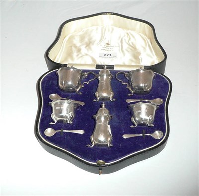 Lot 271 - Cased silver condiment set, comprising pair of peppers, pair of salts, and pair of mustards,...