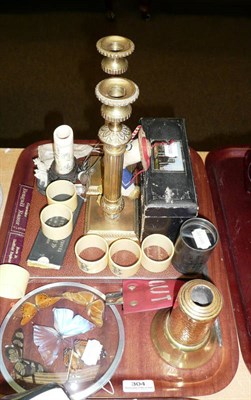 Lot 304 - Victorian box - the lid mounted with York Minster, pair of brass candlesticks, napkin rings, etc