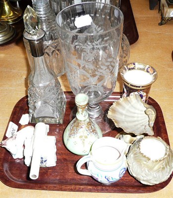 Lot 308 - Tray of ceramics and glass, including celery vase, crested china canon, Royal Crown Derby spill...