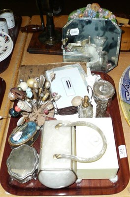 Lot 317 - Dressing table mirror and a tray of miscellaneous, including plastic handbags and hat pins