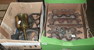 Lot 328 - Ten complete pew umbrella/stick stand mounts, spit jack and three wheels