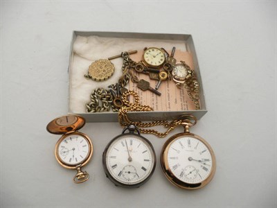 Lot 340 - Five assorted watches, keys, a locket, etc