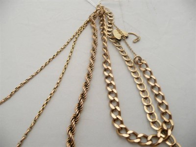 Lot 356 - A 9ct gold rope twist chain, a 9ct gold linked necklet, a 9ct gold chain and a 9ct gold chain...