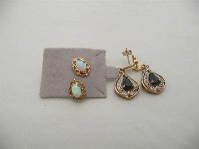 Lot 360 - Gold, diamond and sapphire set earrings and a pair of opal earrings