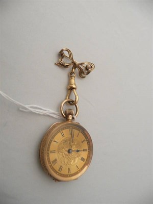 Lot 371 - A 14 carat gold fob watch suspended from a 9 carat gold bow brooch