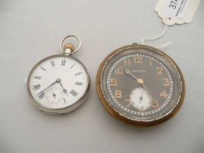 Lot 374 - A silver open-face pocket watch, case back depicting 'A R P' below a crown and a timepiece...