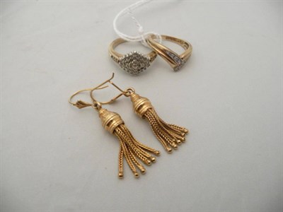 Lot 377 - A pair of 9 carat gold tassel earrings, a diamond cluster ring and a diamond wishbone ring