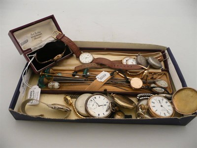 Lot 381 - Hat pins, a lady's wristwatch with a 9ct gold bracelet, another, and assorted pocket and...