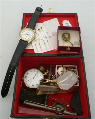 Lot 391 - Lady's wristwatch with 9ct gold strap, two intaglios "Aim at a sure end", horse shoe stick pin etc