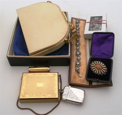 Lot 392 - Silver vesta, paste bracelet, marcasite, brooch and a compact