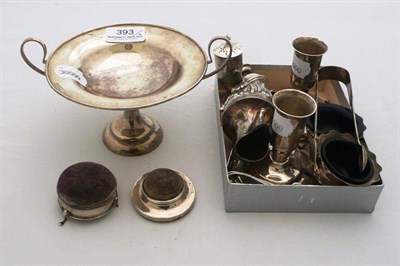 Lot 393 - Silver twin-pedestal dish, silver sugar tongs, two silver pin cushions, two silver peperettes,...