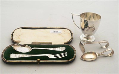 Lot 394 - Cased silver christening set, silver christening mug, silver pusher and spoon