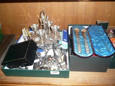 Lot 416 - Quantity of plated flatware, some cased, including pickle forks, sugar tongs, sifting spoons,...