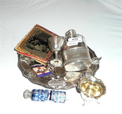 Lot 420 - A cased glass scent bottle a/f, silver mounted hip flask, a silver Society of St George...