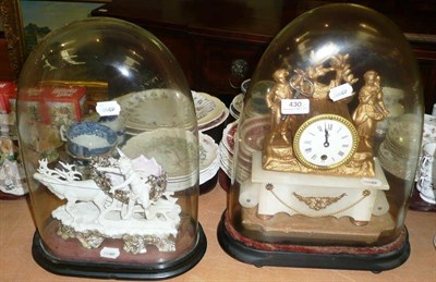 Lot 430 - Gilt and onyx mantel clock under glass dome and a Continental bisque group under glass dome