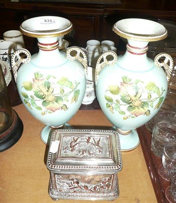 Lot 431 - Pair of Victorian twin-handled vases, electro-plated casket and a box of miscellaneous