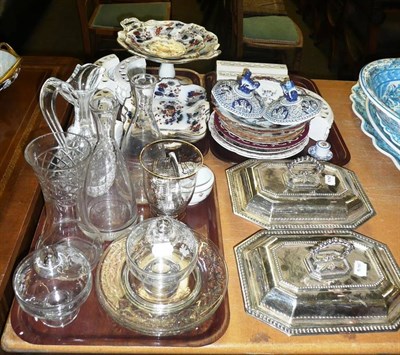 Lot 437 - Three trays and one boxes containing cut glass, a pair of entree dishes, a Wedgwood part...